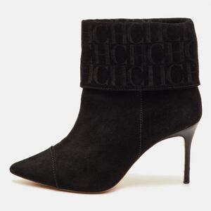 Ch Carolina Herrera Logo Embossed Size 37 Black Suede Pointed Toe Ankle Length